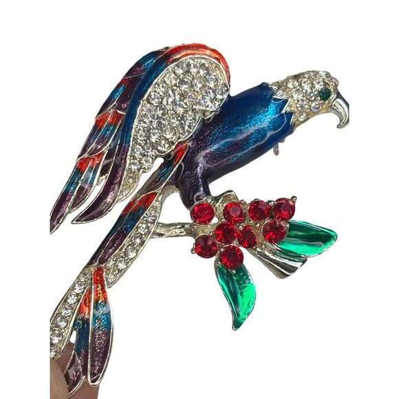 Vintage Rhinestone Eagle hawk Brooch With Red & Green Accents - Picture 1 of 9